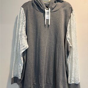 Torrid Gray Hoodie with White Drawstrings and  Ivory Lace Sleeves